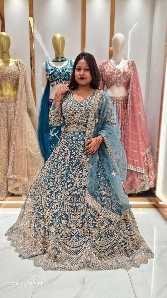 Blue beads work Crop Top Lehenga