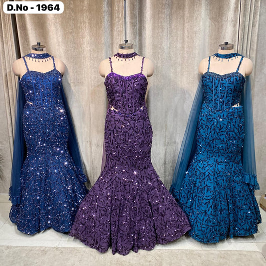 Purple Blue Fish Cut gown dress Crop Top Lehenga