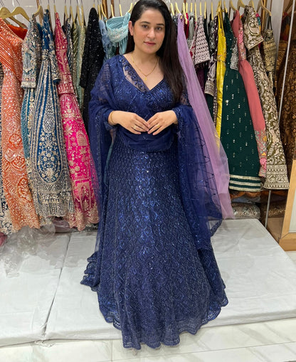 Dark Blue On Blue Monotone Crop Top Lehenga