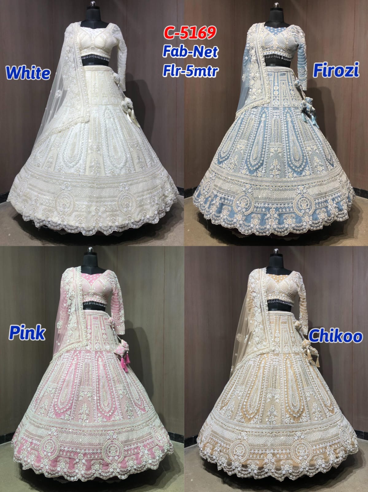 White Firozi Blue Pink Chiku Golden Net Lehenga