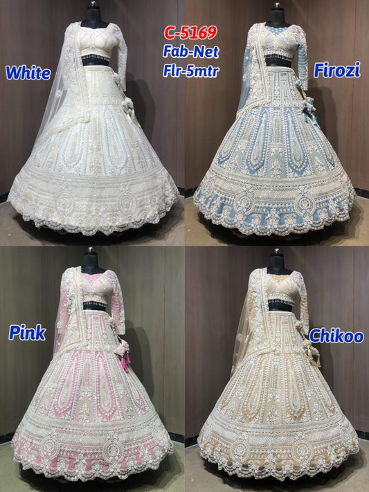 White Firozi Blue Pink Chiku Golden Net Lehenga