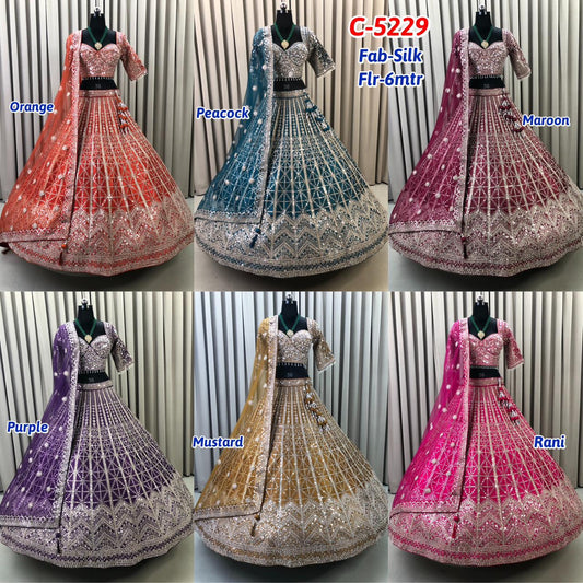 Rust Orange Peacock Maroon Purple Mustard Rani Pink Net Lehenga