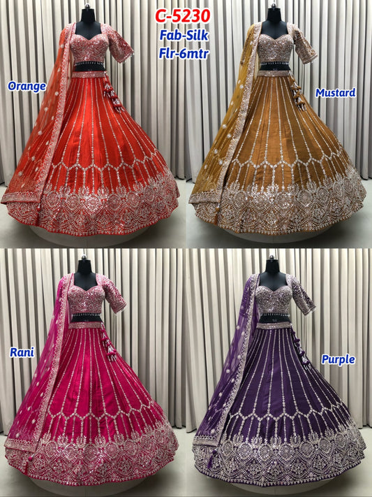 Rust Orange Rani Pink Mustard Purple Silk Lehenga
