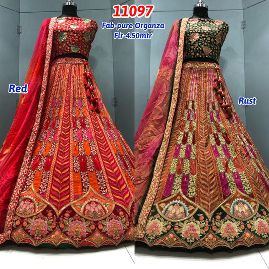 Red Rust Orange Pure Organza Lehenga