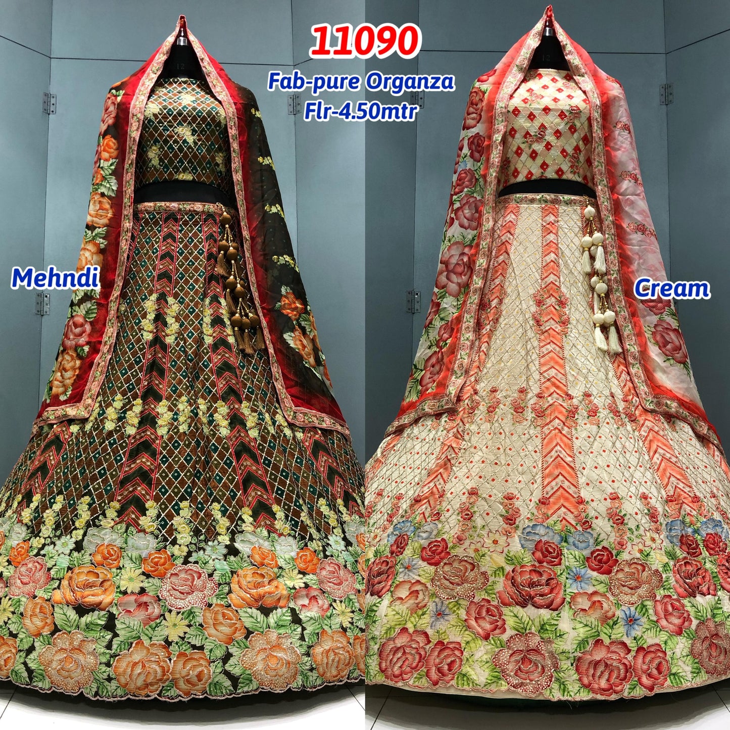 Mehedi Green Cream White Pure Organza Lehenga