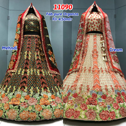Mehedi Green Cream White Pure Organza Lehenga