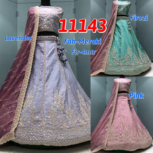 Lavender Firozi Blue Pink Meraki Lehenga