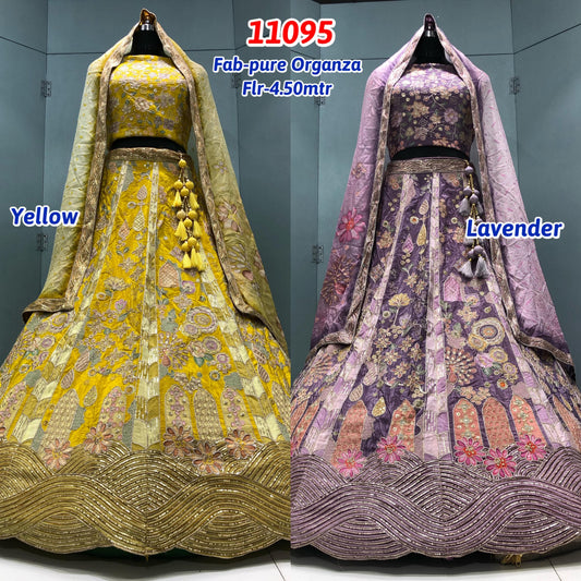 Yellow Haldi Mehendi Lavender Pure Organza Lehenga