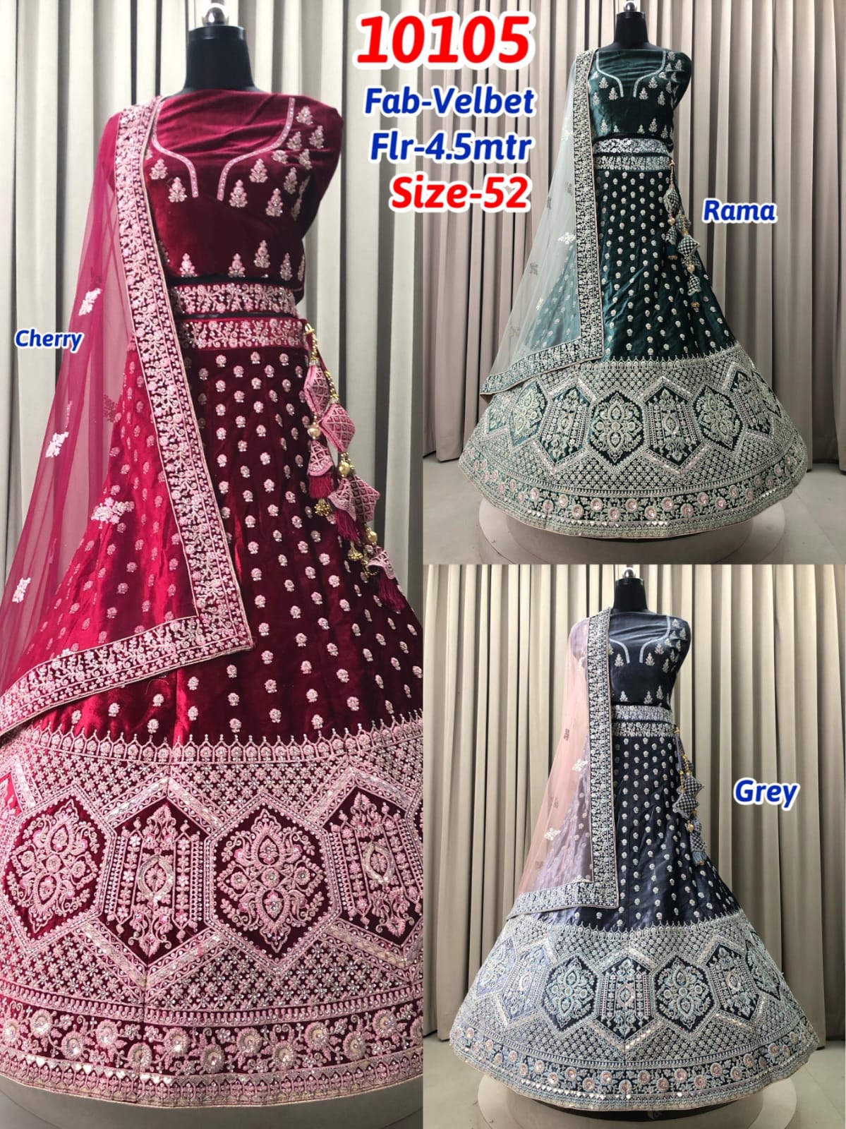 Rama Green Silver Grey Cherry Red Velvet Lehenga