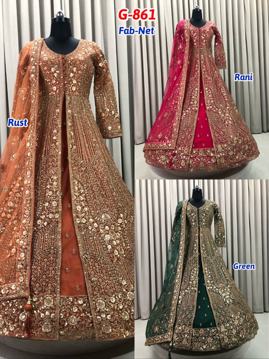 Rani Pink Rust Orange Green Net long Dress Farshi Garara Dress Special