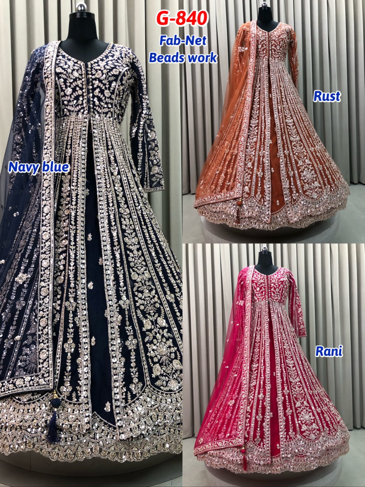 Navy Blue Rani Pink Rust Orange Net long Dress Farshi Gaharara Dress Special
