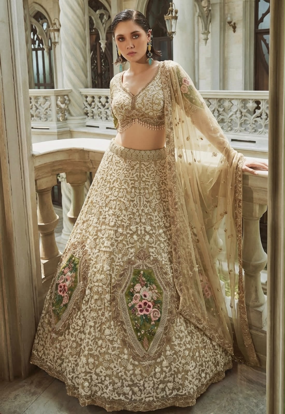 White golden green Crop Top Lehenga