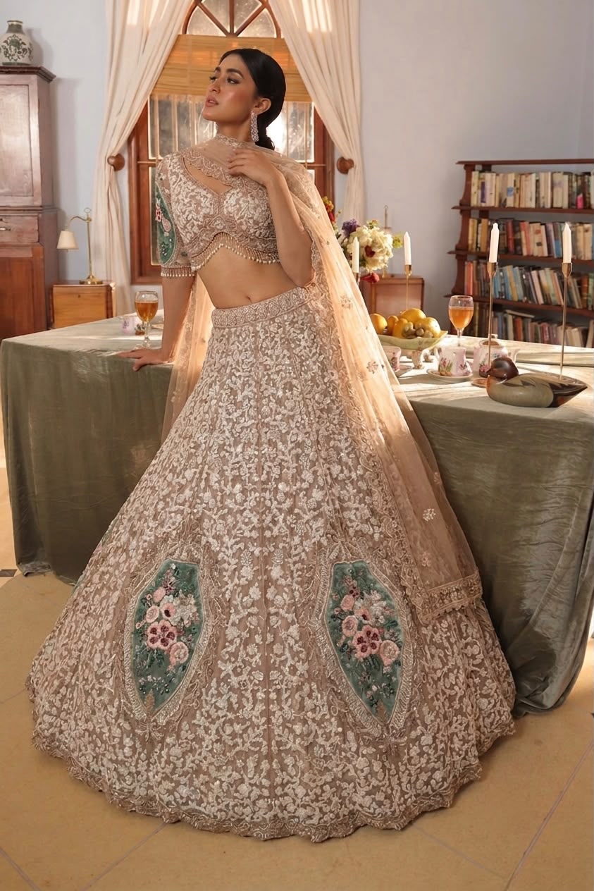 White golden green Crop Top Lehenga