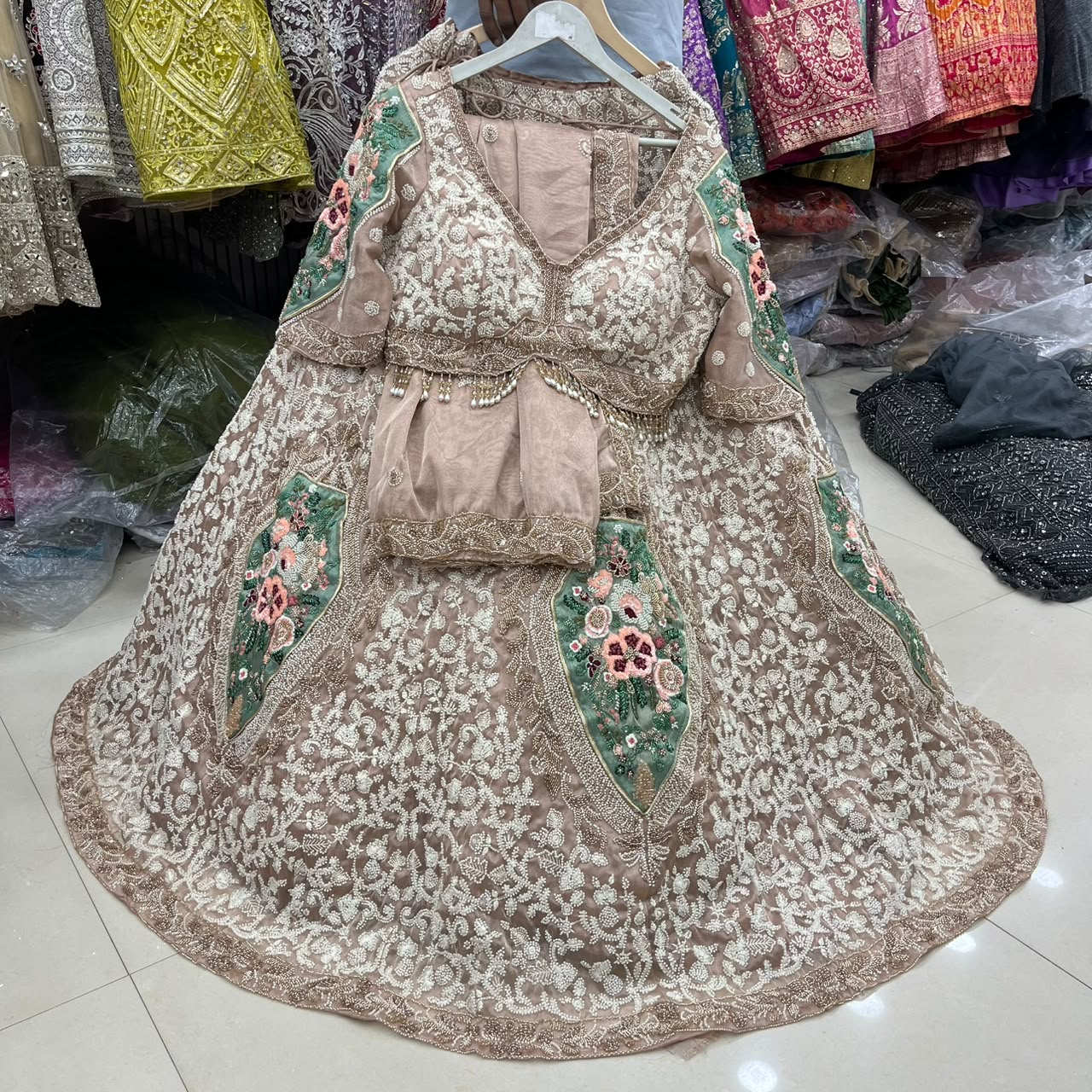 White golden green Crop Top Lehenga