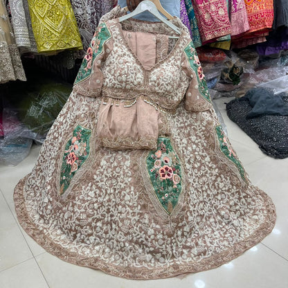 White golden green Crop Top Lehenga