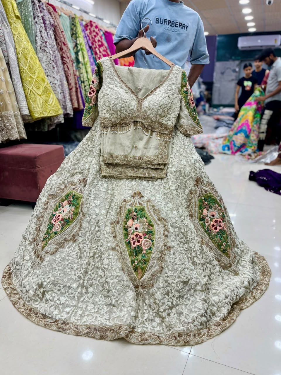 White golden green Crop Top Lehenga