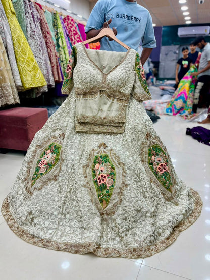 White golden green Crop Top Lehenga