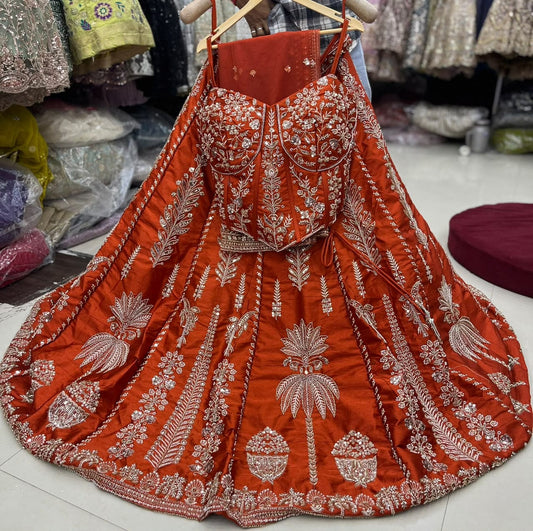 Rust Orange Designer Crop Top Lehenga