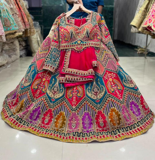 Hot Pink Multicolour Designer Crop Top Lehenga