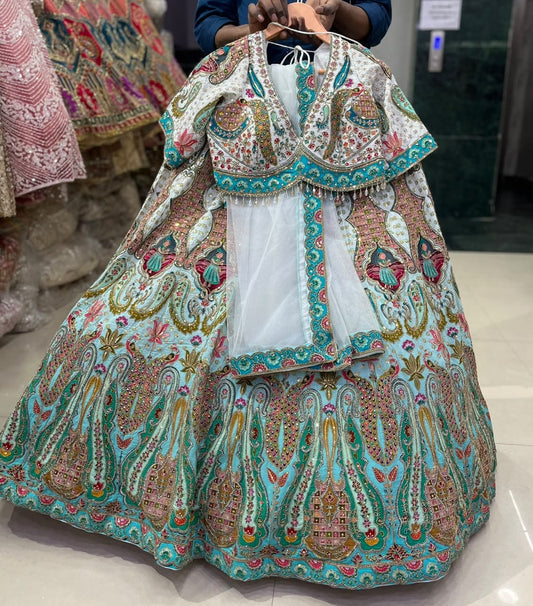 White Blue Multicolour Designer Crop Top Lehenga