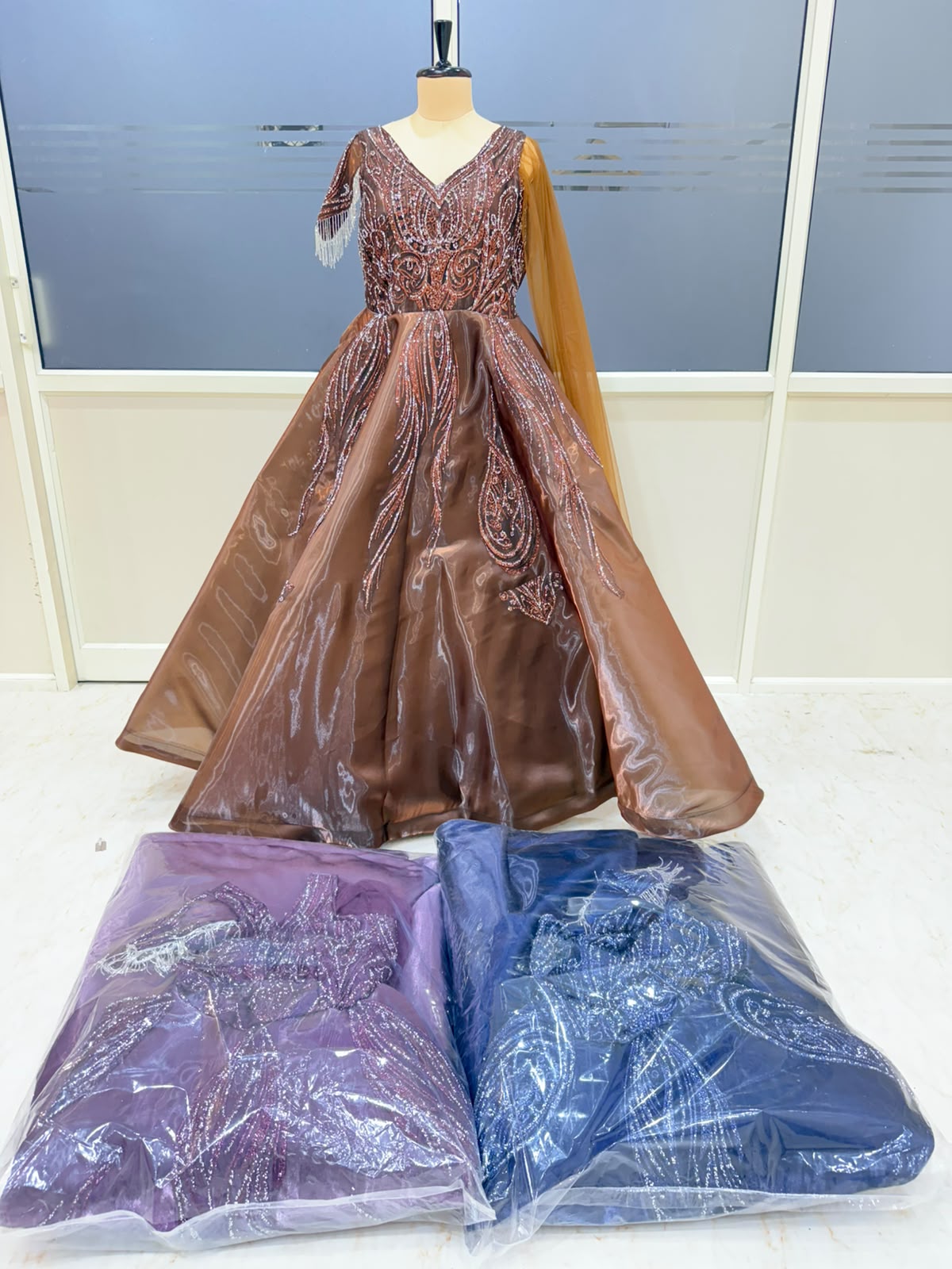 Mustard Brown Lavender Blue Designer Gown