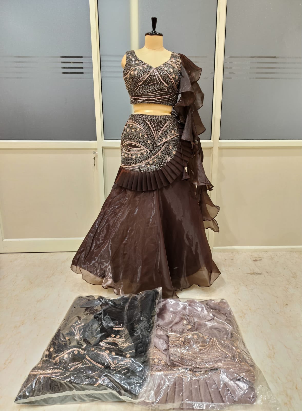 Dark Brown Designer Crop Top Lehenga