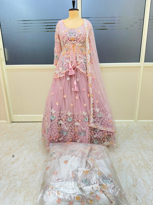 Pink White Long Indo Western Farshi Garara Designer Crop Top Lehenga