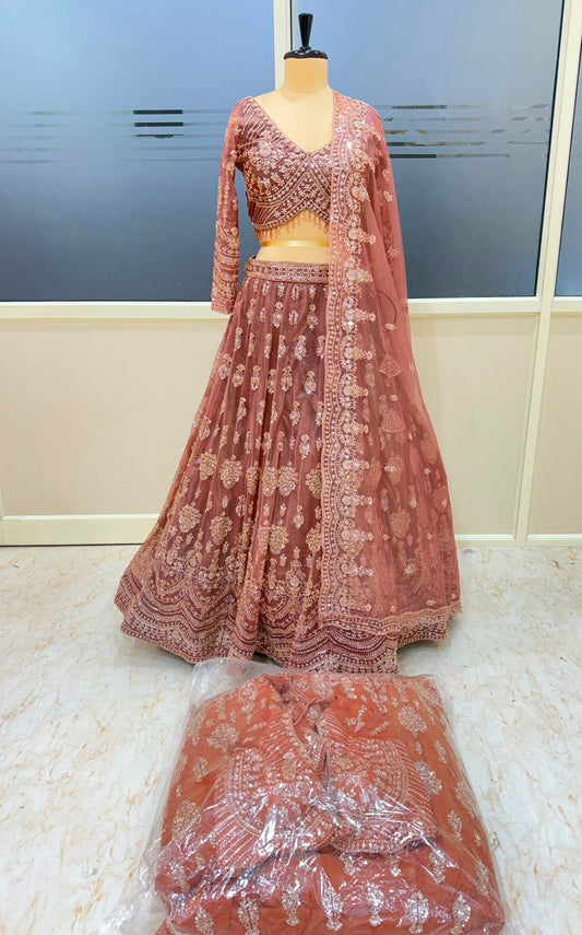 Rust Orange Pink Designer Crop Top Lehenga