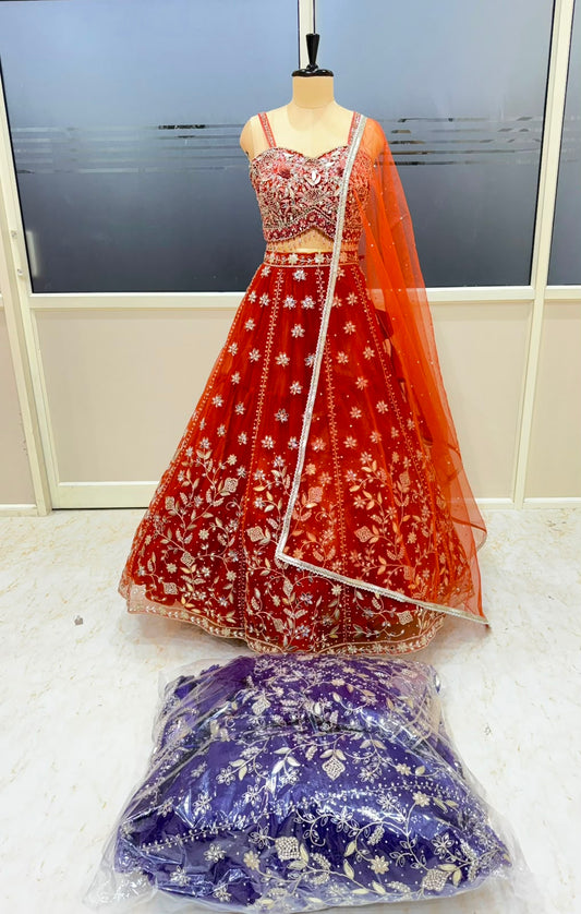 Rust Orange Purple Designer Crop Top Lehenga