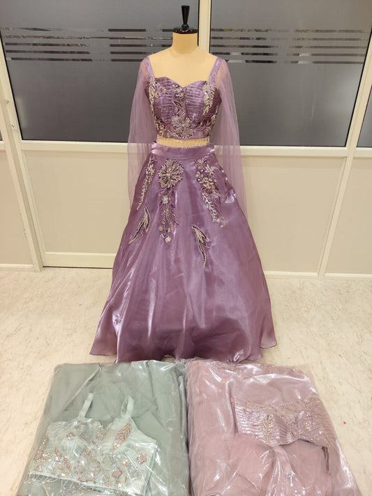Green Pink Lavender Designer Crop Top Lehenga