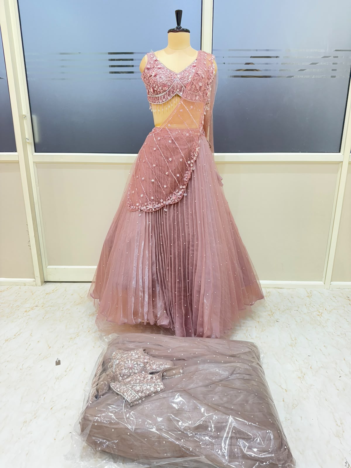 Pink Peach Brown Designer Crop Top Lehenga