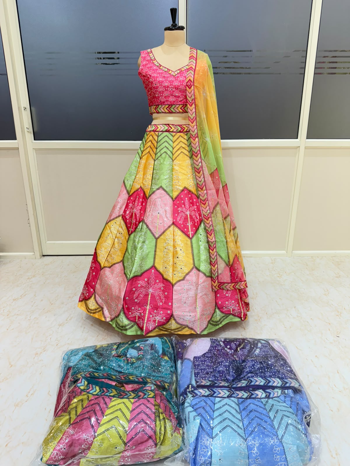 Yellow Pink Blue Multicolour Designer Pdp Crop Top Lehenga