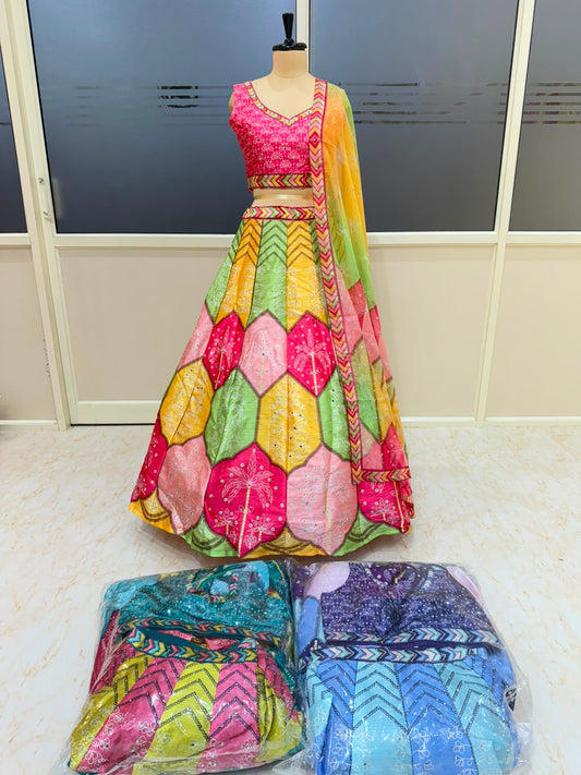 Yellow Pink Blue Multicolour Designer Pdp Crop Top Lehenga
