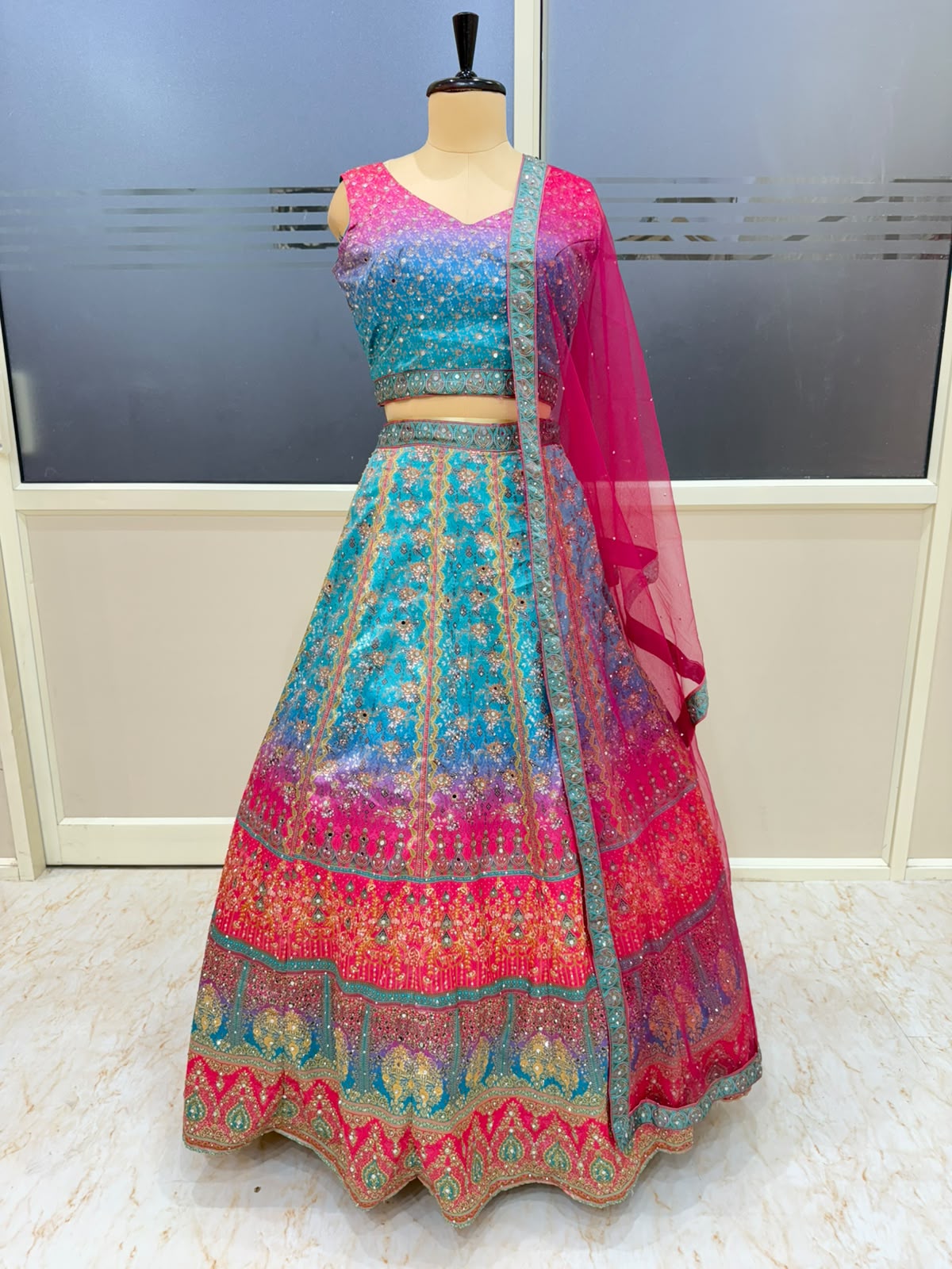 Blue Pink Multicolour Pdp Designer Crop Top Lehenga