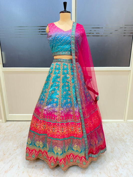 Blue Pink Multicolour Pdp Designer Crop Top Lehenga