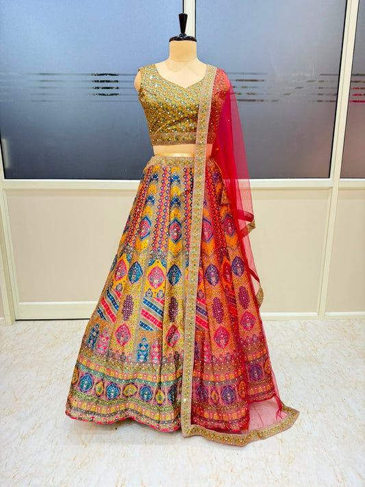 Hot Pink Yellow Multicolour Designer Crop Top Lehenga