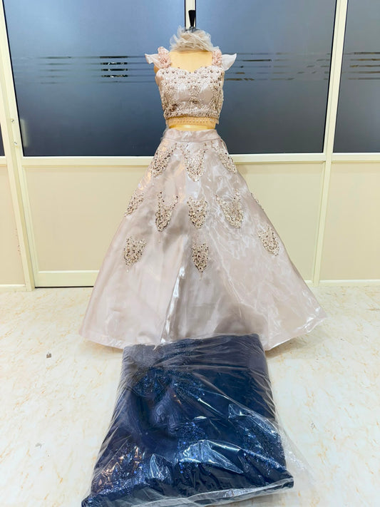 Peach Brown Blue Designer Crop Top Lehenga