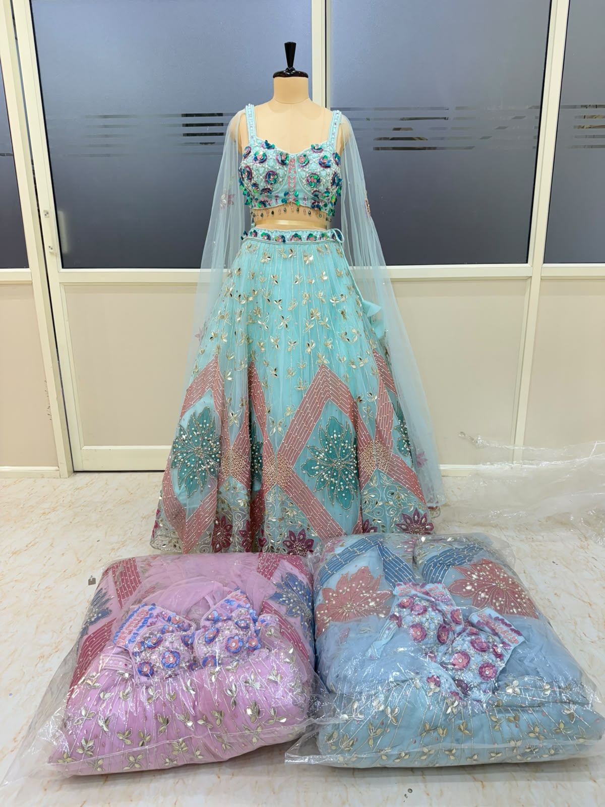 Sky Blue Designer Pdp Crop Top Lehenga