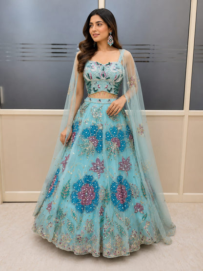 Sky Blue Designer Pdp Crop Top Lehenga
