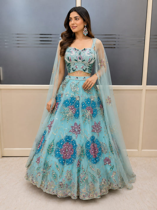 Sky Blue Designer Pdp Crop Top Lehenga