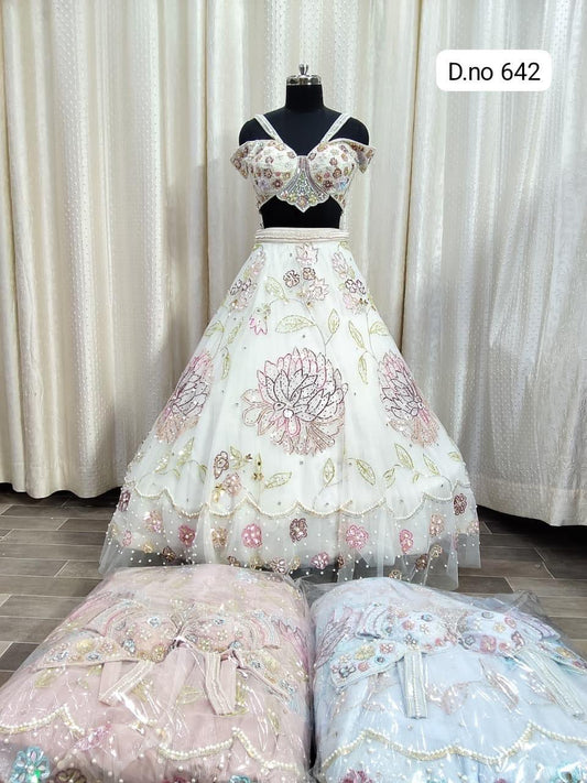 Sky blue pink White Pdp Crop Top Lehenga