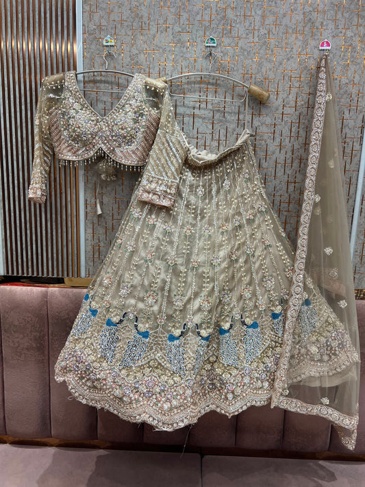 Golden blue peacock Crop top Lehenga