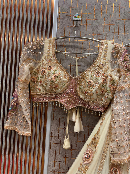 Cream white golden peacock Crop top Lehenga