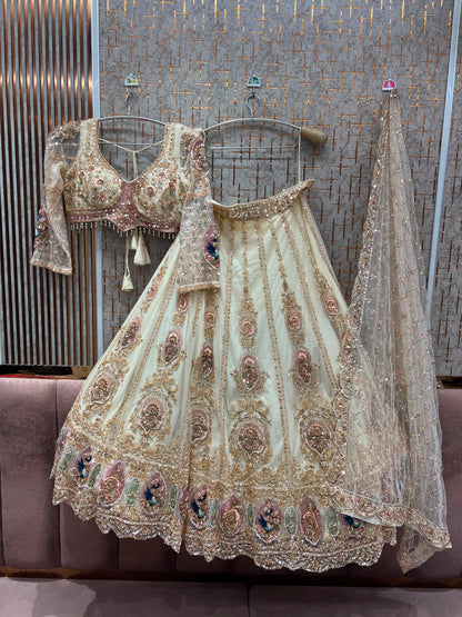 Cream white golden peacock Crop top Lehenga