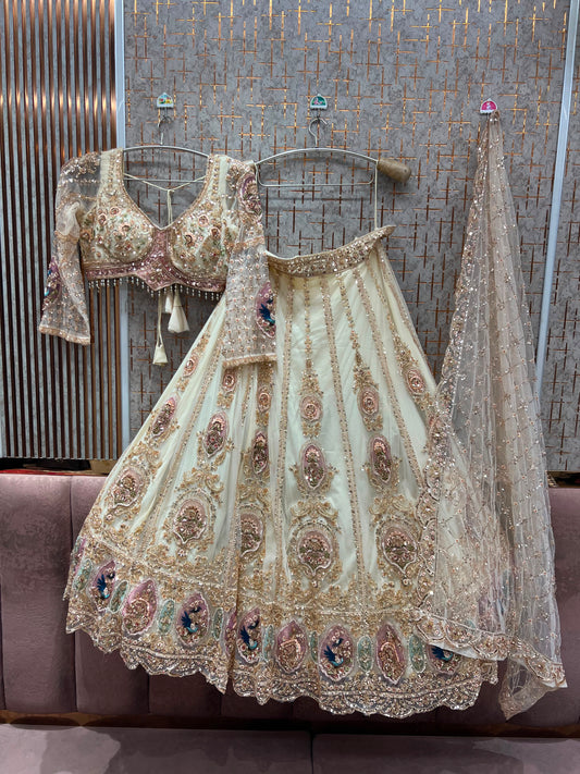 Cream white golden peacock Crop top Lehenga