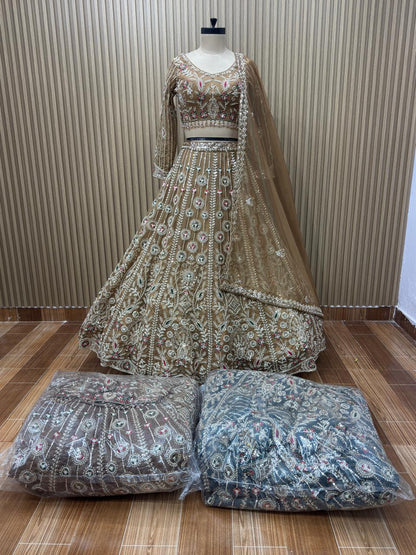 Peach brown blue Crop top Lehenga