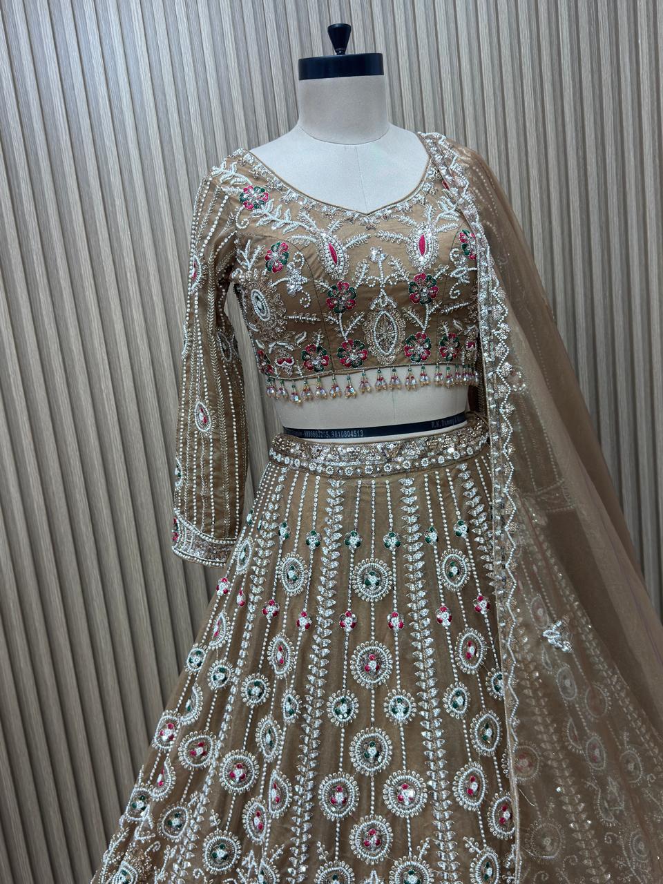 Peach brown blue Crop top Lehenga
