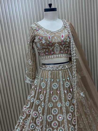 Peach brown blue Crop top Lehenga