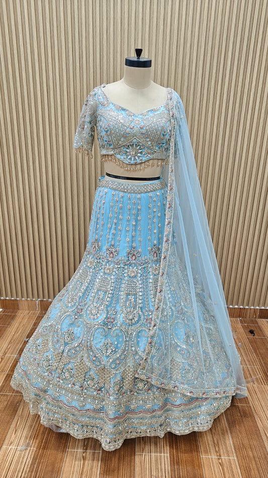 sky Blue fish cut Crop top Lehenga
