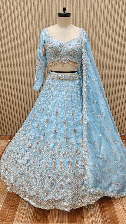 Blue golden Crop top Lehenga